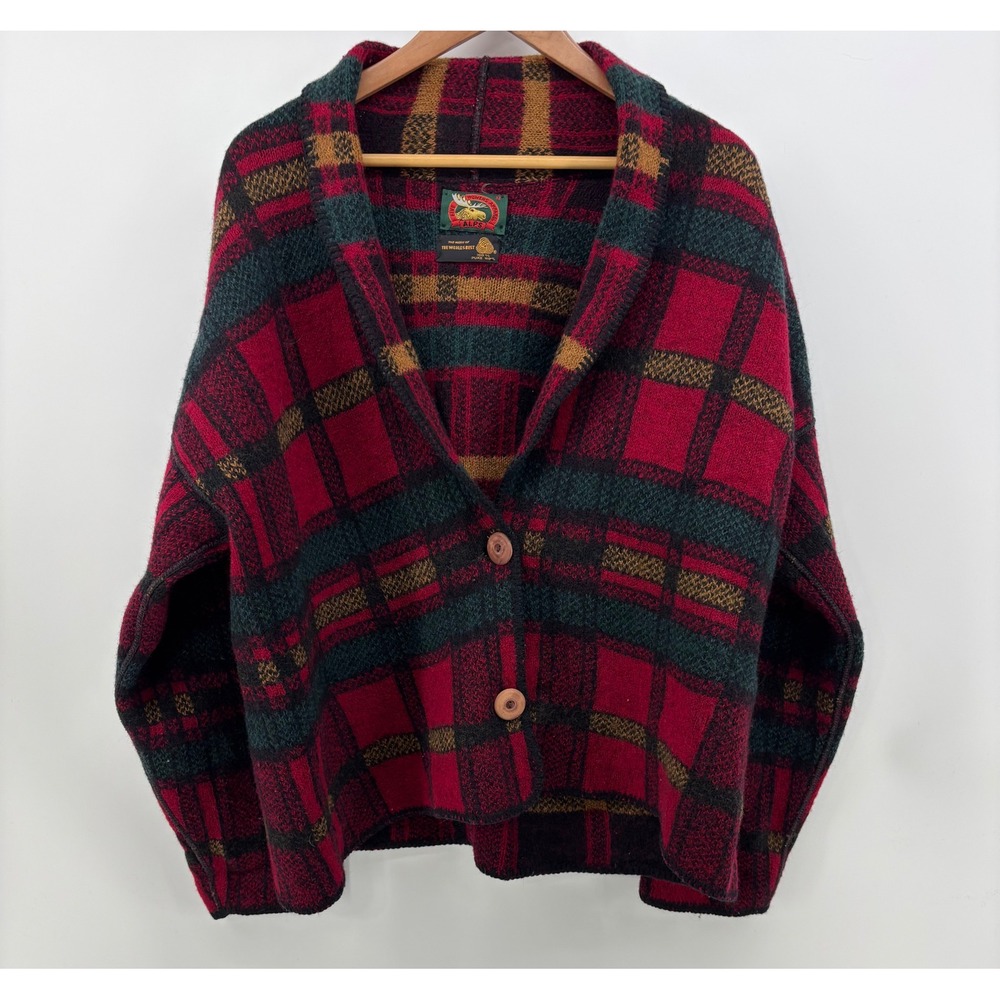 Vintage Alps Womens Wool Sweater Size M Shawl Collar Cardigan Tartan Plaid